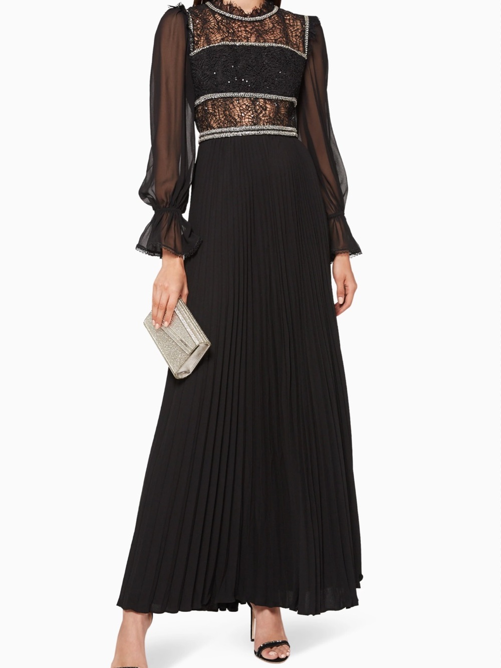 Self-Portrait Black Pleated Maxi Skirt with Lace Trim and Sheer Sleeves